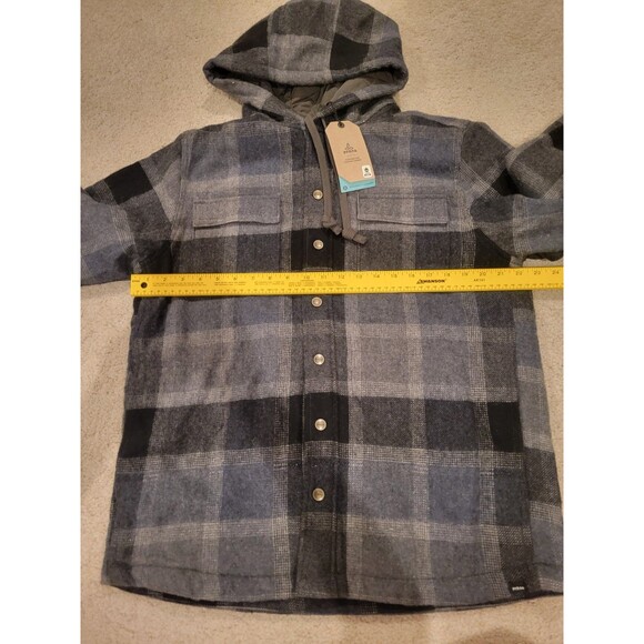 New prAna Men Asgard Hooded Flannel Shirt Jacket Wool Blend Shacket MED Charcoal - Picture 6 of 11